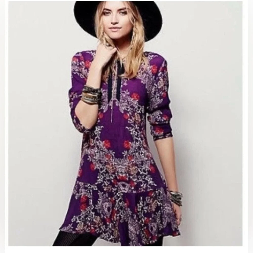 Free People Smooth Talker Purple Floral Open Back Long Sleeved Ruffled Tunic Top